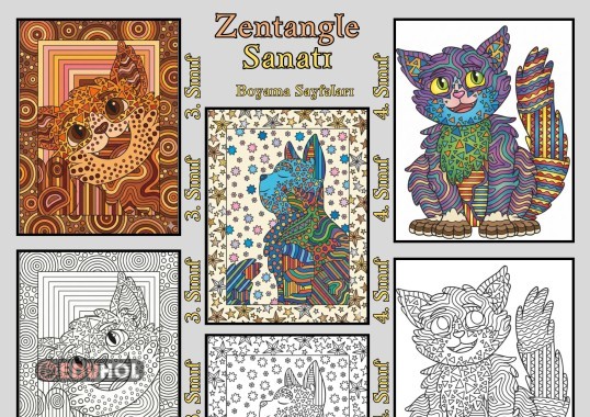 “Zentangle Kediler” 3. ve 4. Sınıflar İçin Boyama Sayfaları (5 adet)