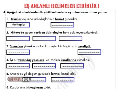 EŞ ANLAMLI KELİMELER ETKİNLİK 2