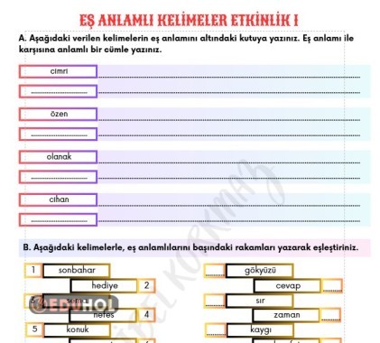 EŞ ANLAMLI KELİMELER ETKİNLİK 3