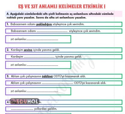 EŞ VE ZIT ANLAMLI KELİMELER ETKİNLİK 1