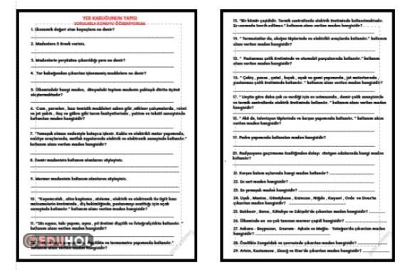 FEN BİLİMLERİ - YER KABUĞUNUN YAPISI - MADENLERİN KULLANIM ALANLARI - CEVAPSIZ SORULAR