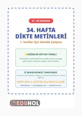 1.Sınıf 34. Hafta Günlük Dikte Cümleleri (01-05 Haziran) | Emin Hoca