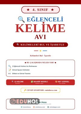 4. Sınıf Kelime Avı | 8 Yönlü Çapraz Görsel İpuçlu Harf Bulmacası PDF—Cevap Anahtarı eminhoca.com'da