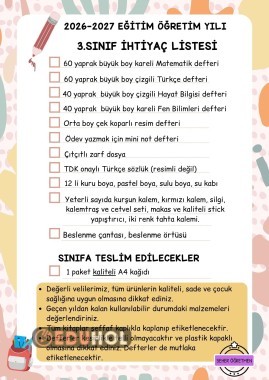 3.SINIF SENE BAŞI İHTİYAÇ LİSTESİ