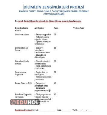 DİLİMİZİN ZENGİNLİKLERİ İLKOKUL DÜZEYİ EN İYİ CÜMLE / AFİŞ YARIŞMASI DEĞERLENDİRME CETVELİ