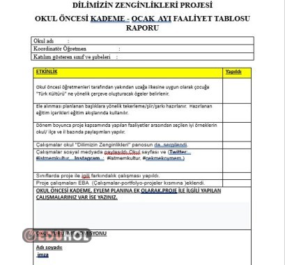 DİLİMİZİN ZENGİNLİKLERİ OCAK AYI OKUL ÖNCESİ KADEMESİ PROJE FAALİYET RAPORU