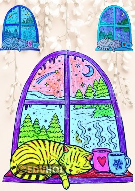 Kedili Kış Pencere Grup Boyama Çalışması