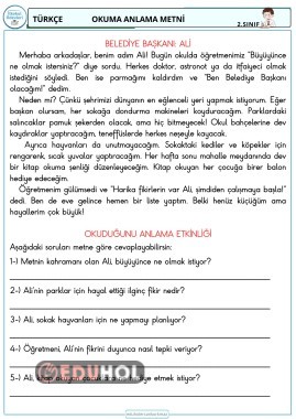 2. SINIF BELEDİYE BAŞKANI KONULU OKUMA ANLAMA METNİ