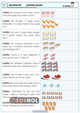 2. sınıf Çarpma problemleri 10 soruluk görselli çalışma