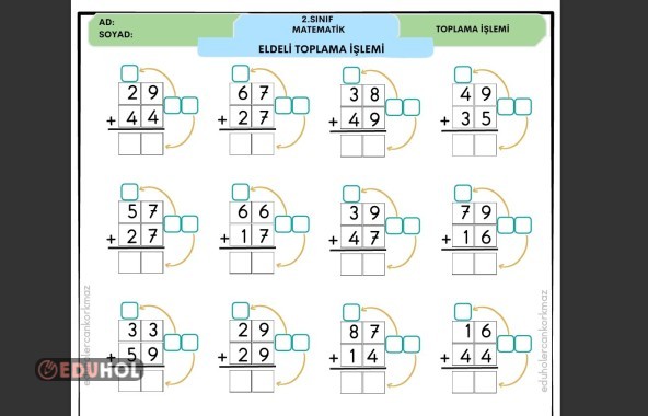 2. sınıf eldeli toplama işlemi tekrar çalışması