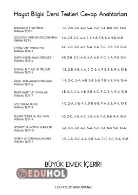 2. Sınıf hayat bilgisi dersi için yayınlandığım 11 testin cevap anahtarı