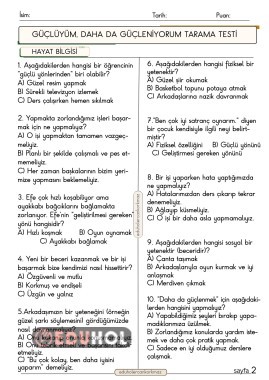 2. SINIF HAYAT BİLGİSİ GÜÇLÜYÜM DAHA DA GÜÇLENİYORUM KONUSU TEST