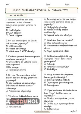 2. SINIF HAYAT BİLGİSİ KİŞİSEL SINIRLARIMIZ 10 SORULUK TEST