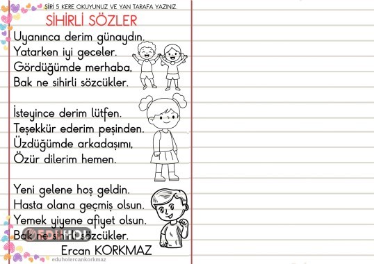 2. SINIF HAYAT BİLGİSİ NEZAKET ŞİİRİM OKUYUP YAZMA ETKİNLİĞİ