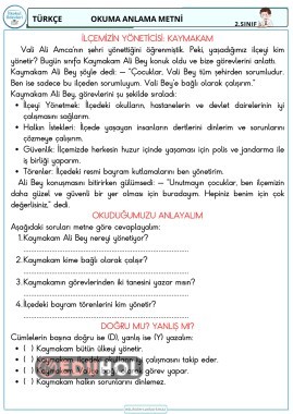 2. sınıf kaymakam konulu okuma anlama metni