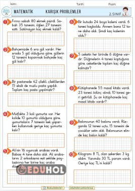 2. Sınıf matematik iki işlemli karışık problemler
