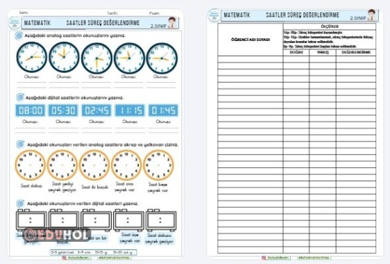 2. SINIF MATEMATİK SAAATLER SÜREÇ DEĞERLENDİRME