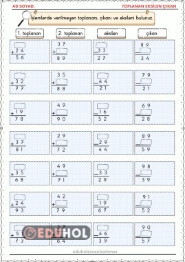 2. sınıf Matematik verilmeyen toplanan, eksilen ve çıkan bir sayfada