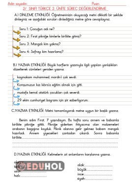 2. sınıf Türkçe 2. tema süreç değerlendirme sınavı