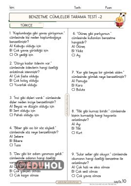2. Sınıf Türkçe dersi benzetme cümleleri konusunda 2. Testim 9 soru