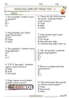 2. Sınıf Türkçe dersi Noktalama işaretleri 2. Testi 10 soruluk