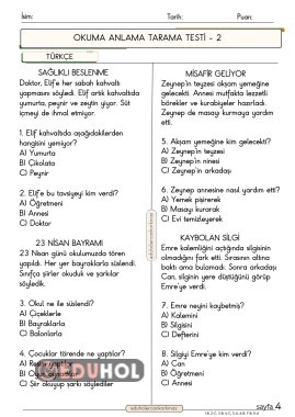 2. sınıf Türkçe dersi okuma anlama testi