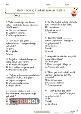 2. Sınıf Türkçe dersi sebep sonuç ilişkisi konusu 10 soruluk 2. testim