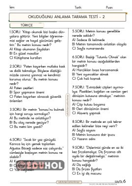 2. SINIF TÜRKÇE OKUDUĞUNU ANLAMA TESTİ