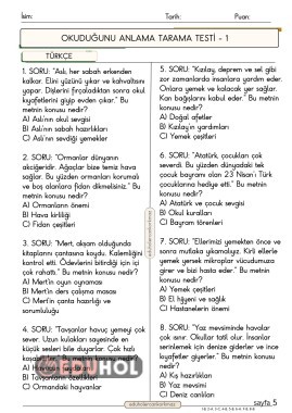 2. SINIF TÜRKÇE OKUDUĞUNU ANLAMA TESTİ