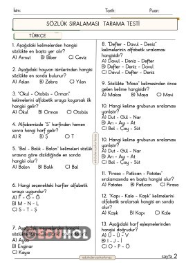 2. SINIF TÜRKÇE SÖZLÜK SIRALAMASI TEST