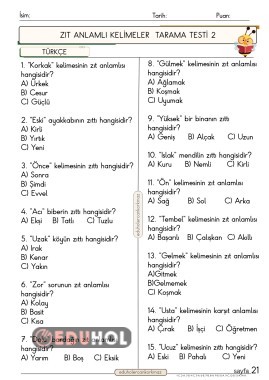 2. Sınıf Türkçe Zıt anlamlı kelimeler 2. Test 15 soruluk