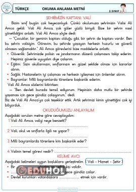 2. sınıf VALİ okuma anlama metni