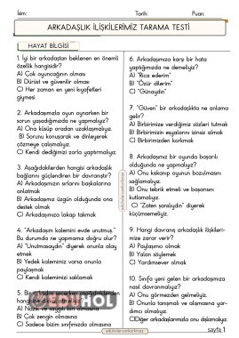 2.SINIF HAYAT BİLGİSİ ARKADAŞLIK İLİŞKİLERİMİZ KONUSU TESTİ