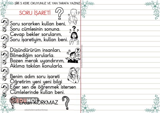 2 SINIF TÜRKÇE SORU İŞARETİ ŞİİRİM OKUMA VE YAZMA ETKİNLİĞİ