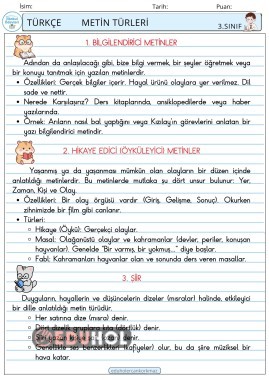 3. SINIF 21. HAFTA TÜRKÇE METİN TÜRLERİ