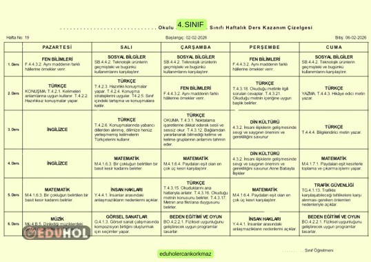 4. SINIF 19. HAFTA DERS DEFTERİ DOLDURMA