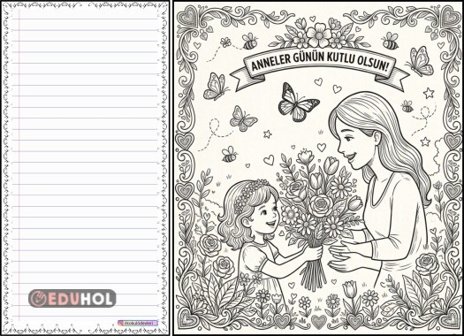 Anneler gününe özel boyama ve yazı yazma sayfaları 6 adet farklı çalışma
