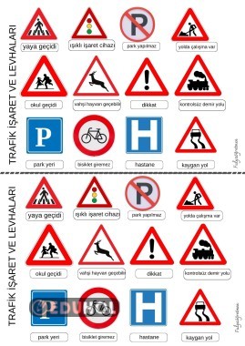 trafik işaret ve levhaları deftere kes yapıştır