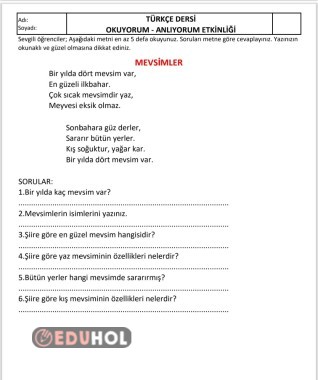 Okuduğunu anlama 5 adet