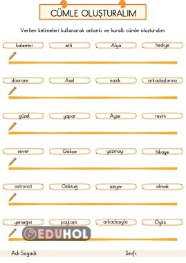 1.Sınıf Türkçe Dersi Anlamlı ve Kurallı Cümle Oluşturma Çalışması