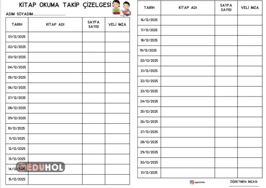 ARALIK AYI KİTAP OKUMA TAKİP ÇİZELGESİ
