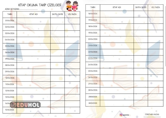 NİSAN AYI KITAP OKUMA TAKİP ÇİZELGESİ