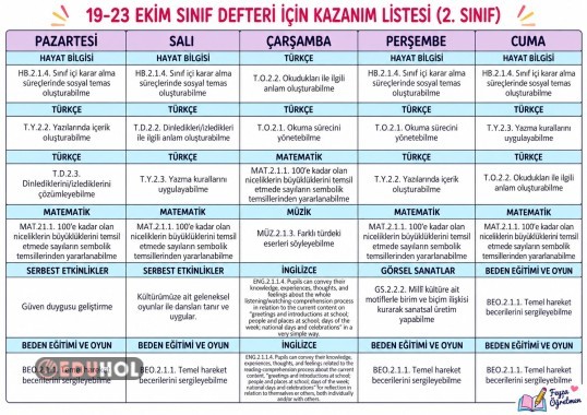 2. Sınıf Ders defteri doldurma 19-23 Ekim