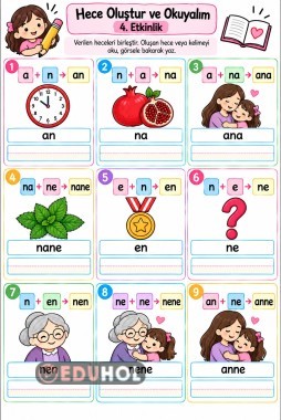 a,n,e harflerinden oluşan heceler ve kelimeler. a,n,e birlikte oku yaz etkinliği
