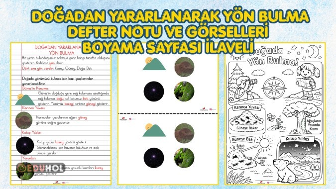 Doğadan Yararlanarak Yön Bulma Defter Notu ve Görselleri ve Boyama Sayfası