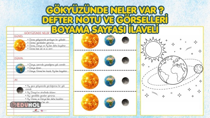 Gök Cisimleri (Güneş, Dünya ve Ay) Defter Notu ve Boyama Sayfası