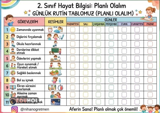 2.SINIF HAYAT BİLGİSİ GÜNLÜK RUTİN ÇİZELGESİ