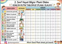 2.SINIF HAYAT BİLGİSİ GÜNLÜK RUTİN ÇİZELGESİ