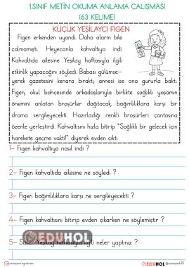 1.SINIF OKUMA ANLAMA METİNLERİ-KÜÇÜK YEŞİLAYCI FİGEN (63 KELİME)