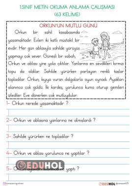 1.SINIF OKUMA ANLAMA METİNLERİ-ORKUN'UN MUTLU GÜNÜ (63 KELİME)